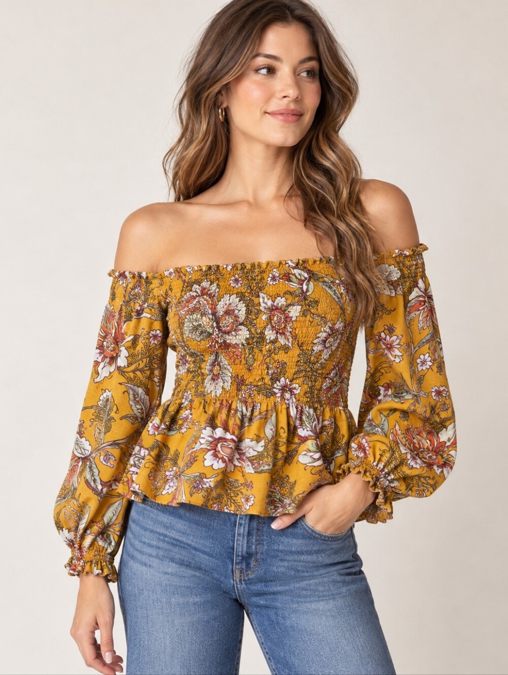 Anthropologie Conditions Apply Smocked Floral Blouse Mustard Small